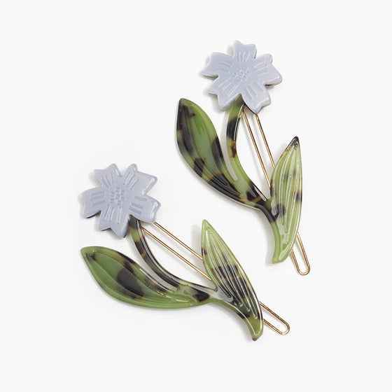 Purple Chicory Flowers Barrette Clip Set with Green Tortoise